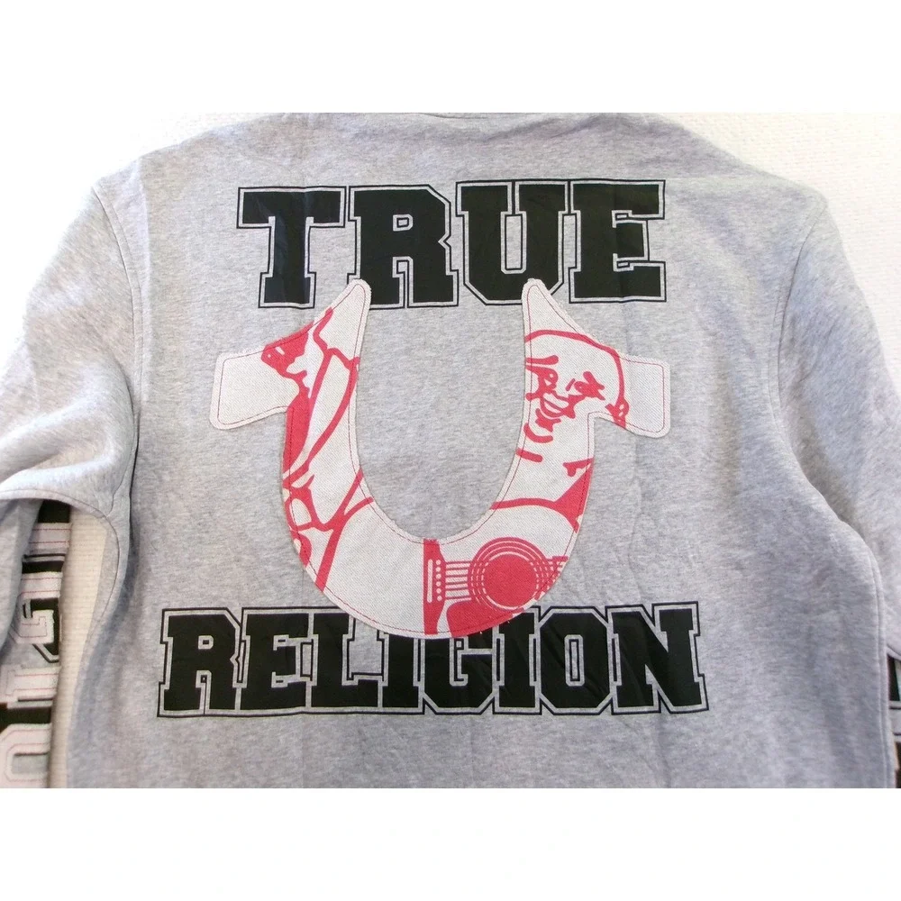 True Religion Mens‎ Large Zip Up Hoodie Gray Terry Applique Horseshoe Logo